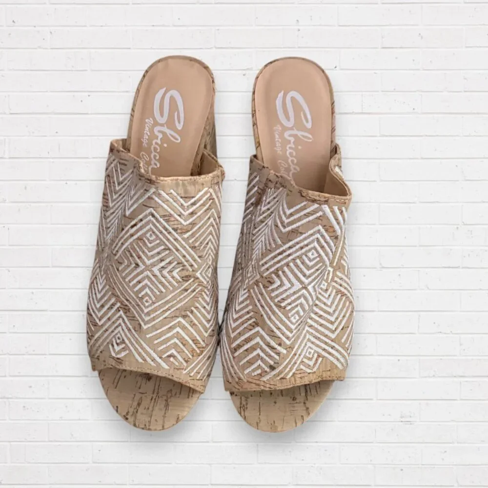SBICCA Paraiso Embroidered Geometric Pattern Cork Heeled Mule Sandal Women's 9